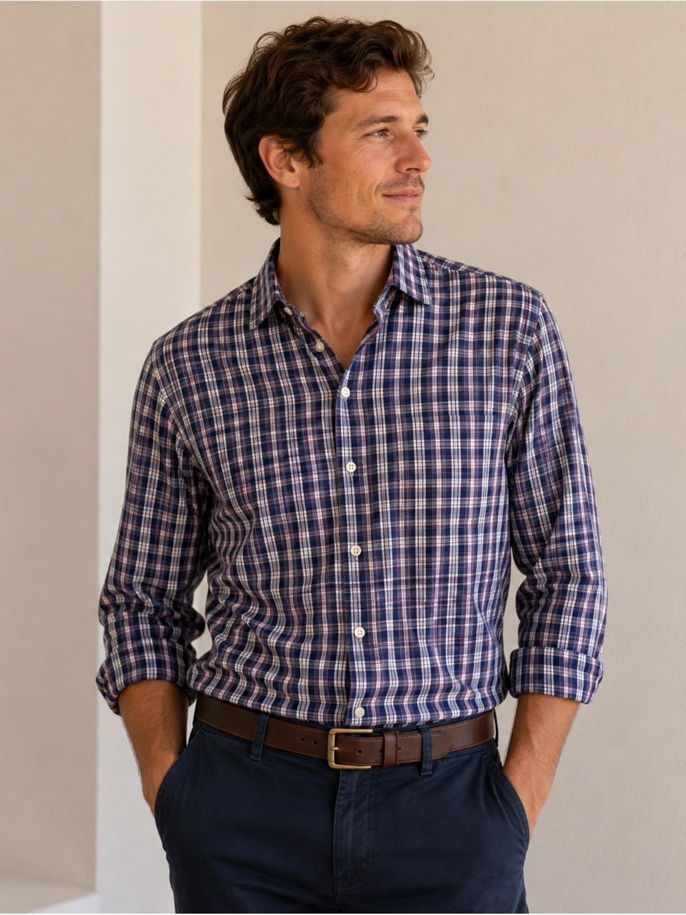 Peter Millar Navy and White Plaid Button-Down Shirt